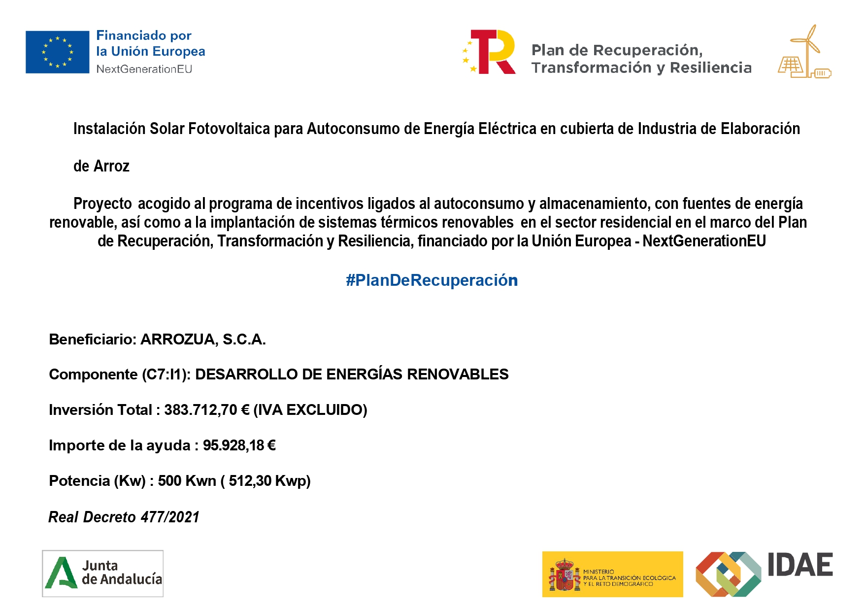 PLACA-AYUDAS-ARROZUA_page-0001 Instalación Solar Fotovoltaica para Autoconsumo de Energía Eléctrica en cubierta de Industria de Elaboración de Arroz